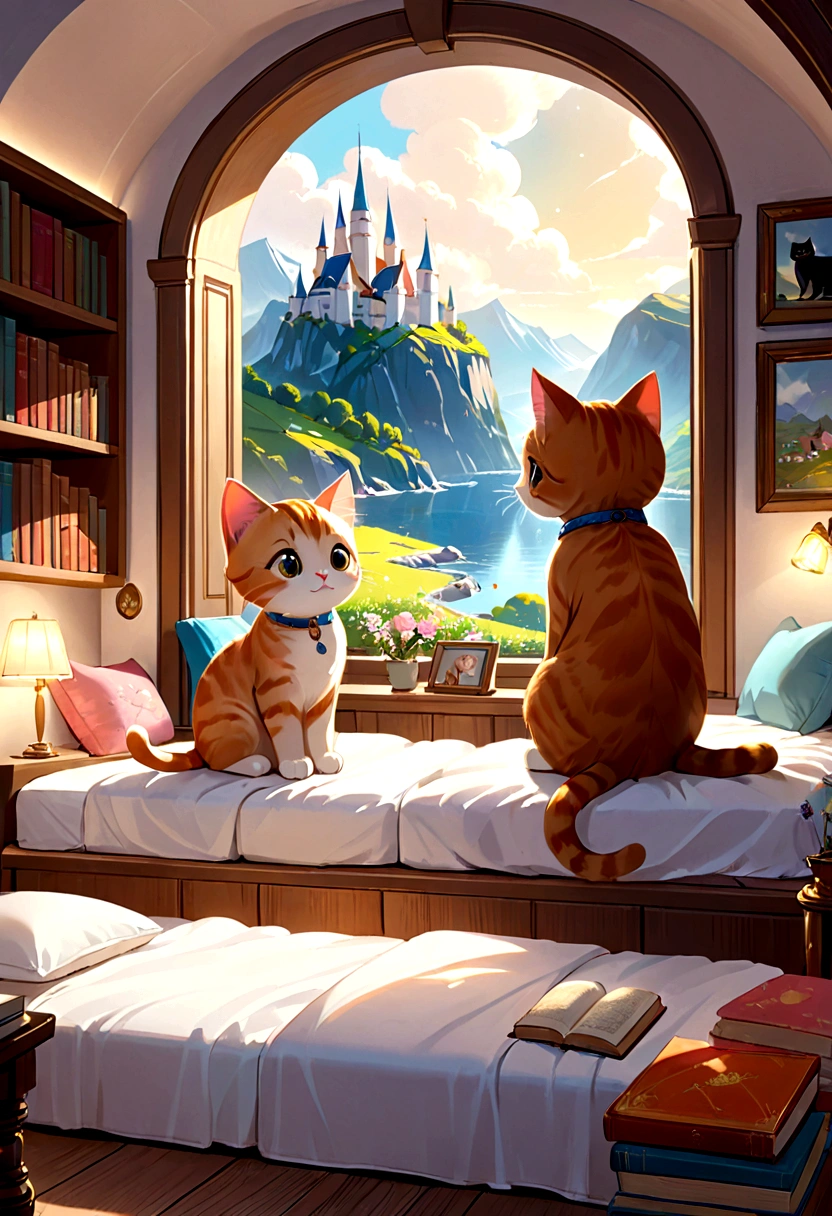 There are two cats sitting on the bed and reading a book., Cute digital art, cozy wallpaper, Adorable digital painting, Cute picture book illustrations, Cute and detailed digital art, cute cat, Cozy environment, Cute artwork, Cute and adorable, Beautiful lighting, Cozy place, Cozy atmosphere, adorable and cute, Cute kitten, Storybook illustrations, Cute 3D rendering, Beautiful and cute