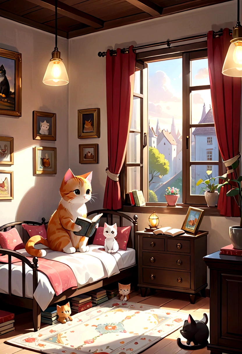 There are two cats sitting on the bed and reading a book., Cute digital art, cozy wallpaper, Adorable digital painting, Cute picture book illustrations, Cute and detailed digital art, cute cat, Cozy environment, Cute artwork, Cute and adorable, Beautiful lighting, Cozy place, Cozy atmosphere, adorable and cute, Cute kitten, Storybook illustrations, Cute 3D rendering, Beautiful and cute