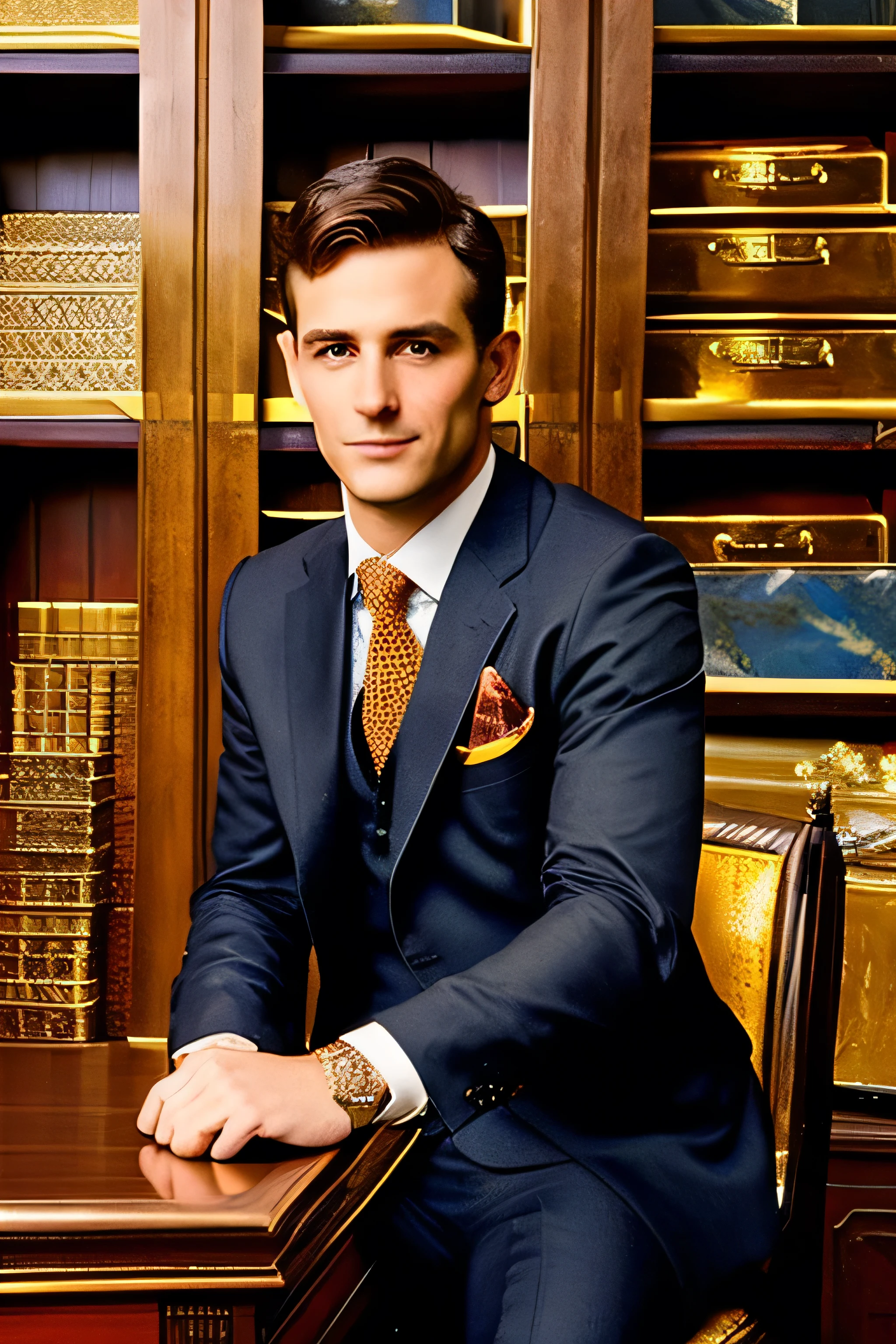 Elegant man, wearing a suit and a tie, seated at a desk, in a confident and professional pose, image background, there are shelves or shelves full of boxes, The boxes are varied and appear to contain valuable treasures, gold", "Old coins", "Gemas Raras", ""visual style"" that matches the theme of treasures and wealth, perhaps with colors that enhance the shine of precious metals