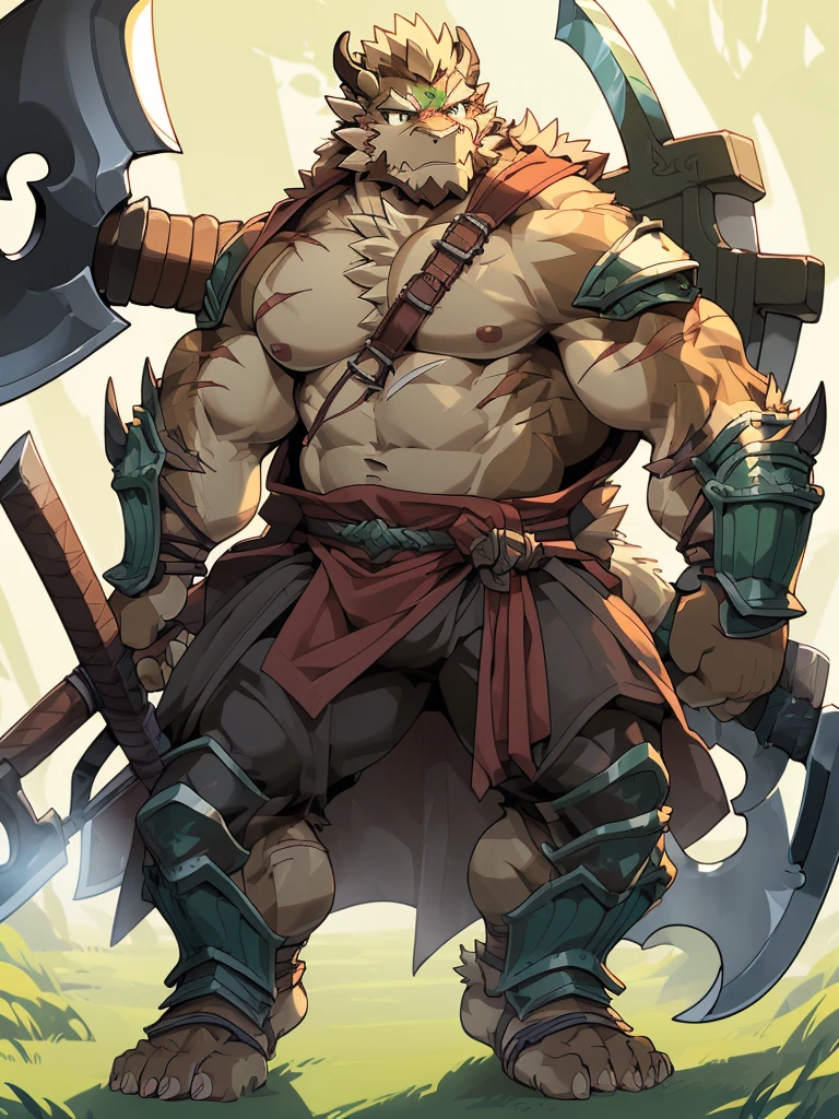 a furry eastern dragon, long whisker, green fur, bare chest, big chest, big build, warrior waist armor, sandal, ((eastern dragon), ((green dragon)), ((waist armor)), furry art, full body, mature, tall, daddy, muscular, rounded face, ((no coat)), ((berserker)), scar body, (scar), bare body, many scars on body, scar face, long beard, very muscular, beefy body, (((bare chest))), (((large pecs))), (((hold a long and big axe))), action pose