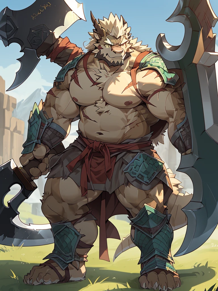 a furry eastern dragon, long whisker, green fur, bare chest, big chest, big build, warrior waist armor, sandal, ((eastern dragon), ((green dragon)), ((waist armor)), furry art, full body, mature, tall, daddy, muscular, rounded face, ((no coat)), ((berserker)), scar body, (scar), bare body, many scars on body, scar face, long beard, very muscular, beefy body, (((bare chest))), (((large pecs))), (((hold a long and big axe))), action pose