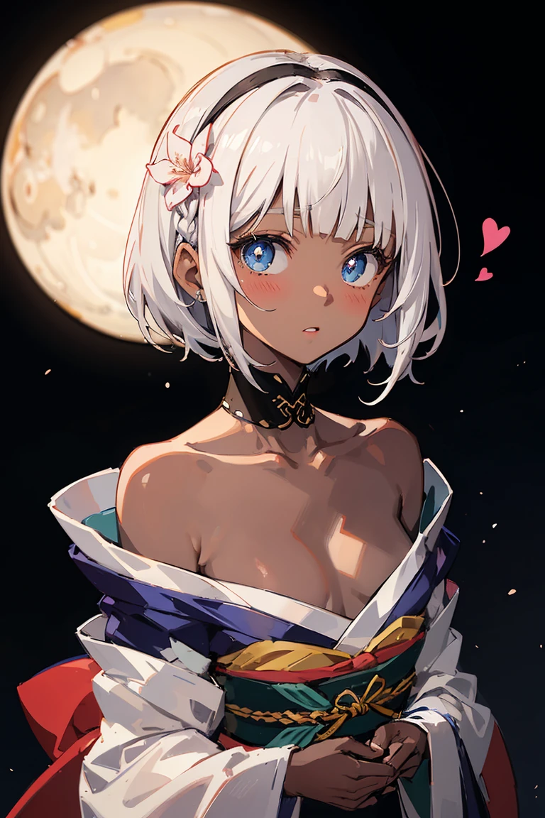 One Woman、 (((dark skin))), Beautiful silver hair、((((Very short hair))))、French braids、skyblue eyes、tsurime, small eyes, Beautiful Eyes、(hair band)、(((Blunt bangs))), ((Medium Chest)), Off the shoulder、24-years-old、Tight waist, night、月nightの森の中、((Pink long-sleeved kimono))、Long flower hair ornament、Kissing Face、blush、Embarrassing、heart-shaped pupils、Looking up at the viewer、from the front、upper body, from above, Face Focus、