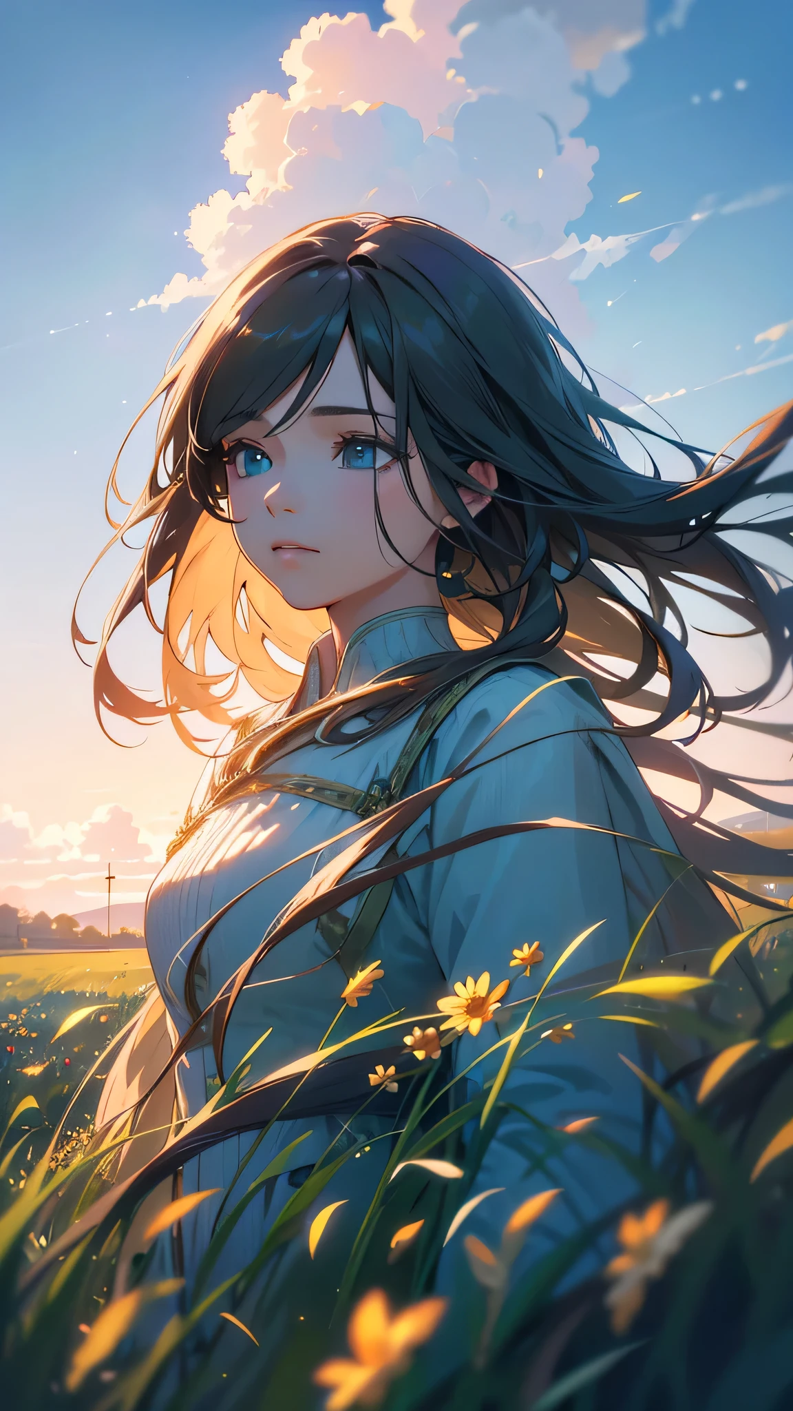a beautiful girl in a field of flowers, long flowing hair, serene expression, (best quality,4k,8k,highres,masterpiece:1.2),ultra-detailed,(realistic,photorealistic,photo-realistic:1.37),detailed eyes and face, detailed skin texture, flowing dress, outdoors, clear blue sky, wispy clouds, lush green grass, colorful wildflowers, warm lighting, soft depth of field, portraits,fantasy,cinematic,dramatic lighting