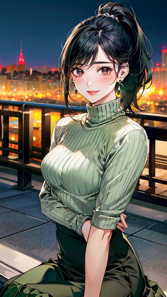 (masterpiece:1.3, Highest quality, Ultra-high resolution, Super detailed), (Realistic, photoRealistic:1.4), Beautiful illustrations, Perfect lighting, colorful, Depth of written boundary, Beautiful detailed hair, Beautifully detailed face, Beautiful fine details, Beautiful clavicle, Beautiful body, 美しいLarge Breasts, Beautiful thighs, Beautiful feet, Beautiful fingers, View Viewer、Front view:0.6, Beauty1人, Japanese, Beauty、30 years old, Perfect Face, (Perfect Anatomy, Anatomically correct), Cute and symmetrical face, Baby Face, , Shiny skin, (dark green turtleneck sweater:1.4),((Long skirt:1.5)) (Black Hair, ponytail:1.4), braided bangs、Dark brown eyes, (Large Breasts), Slim body, necklace, (Small earrings:1.3), (Beautiful views), (night), (city, cityscape in the distance), Sitting on a bench, A soft smile、(Smile, Lips parted),