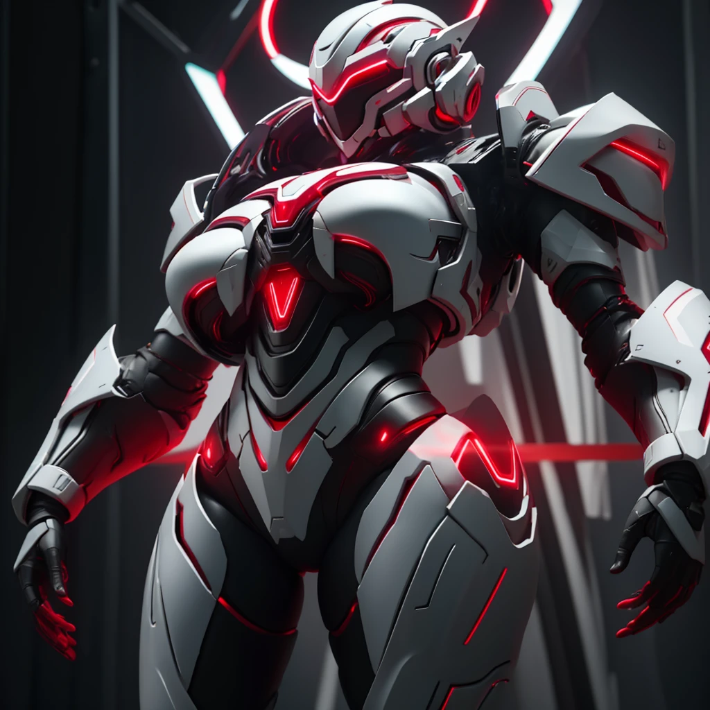 Dronificated unknown woman in a fully enclosed white latex fullbody heavy armor with red lights across the suit and star shaped glowing core in the chest, fully enclosed cyber helmet that cover her whole face and hides her identity with only two glowing red lines in it's otherwise, empty black face, huge breast, narrow waist, wide hips and thick thighs, in a storage, no face, no hair, no mouth, no eyes