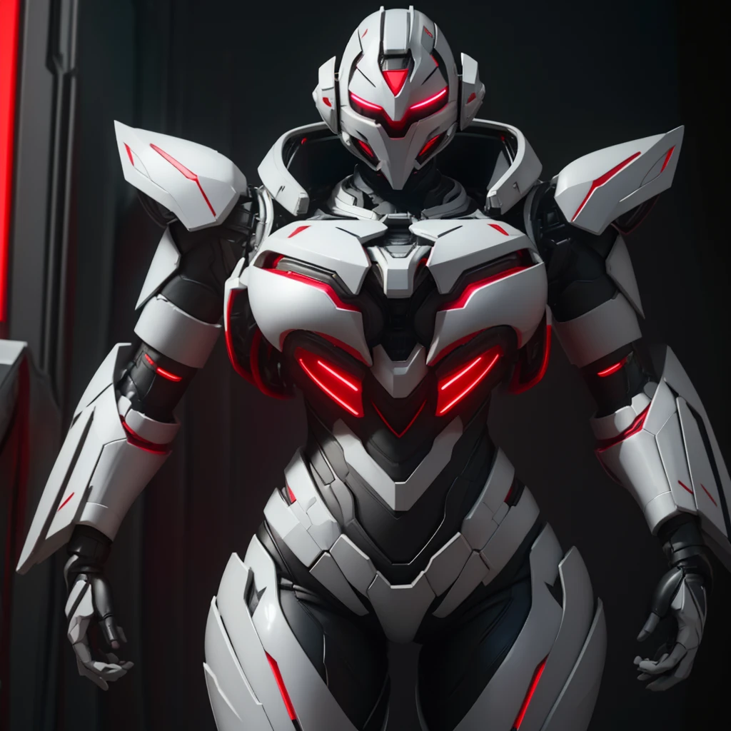 Dronificated unknown woman in a fully enclosed white latex fullbody heavy armor with red lights across the suit and star shaped glowing core in the chest, fully enclosed cyber helmet that cover her whole face and hides her identity with only two glowing red lines in it's otherwise, empty black face, huge breast, narrow waist, wide hips and thick thighs, in a storage, no face, no hair, no mouth, no eyes