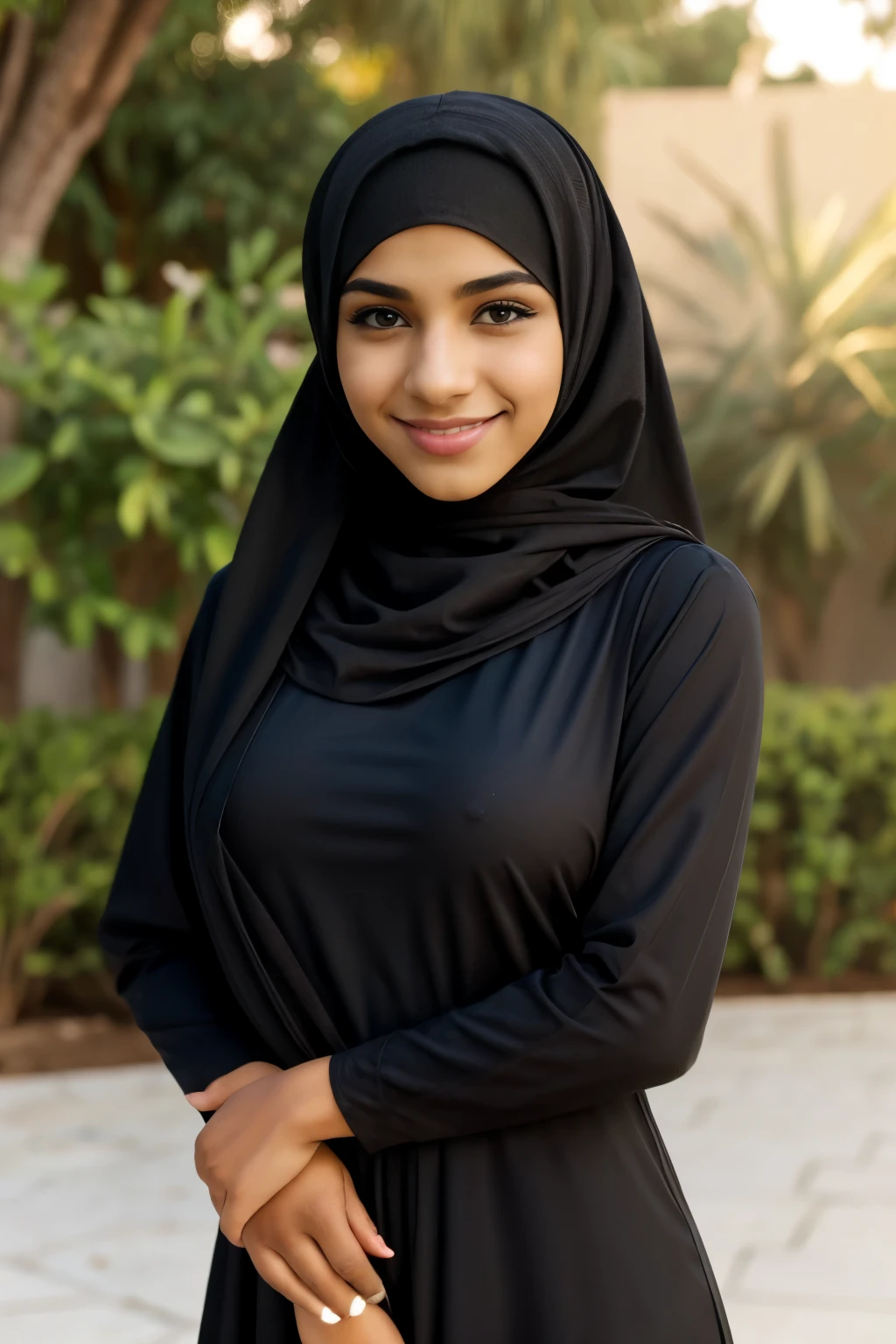 (Cute glamour model), gorgeous teenony skinned arab, head and shoulders focus, youthful, young, teen, teer, (lng at the camera), outdoor lighting, huge breasts, hijab, thin, skinny, dainty, delicate, no bra, black abaya dress