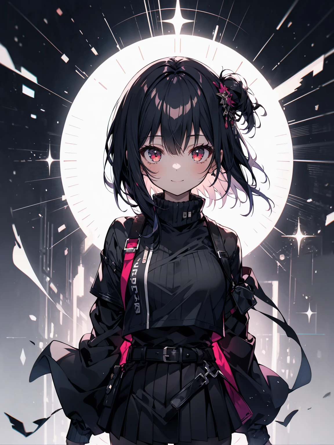 (masterpiece, highest quality, highest quality, (No text), Beautiful and aesthetic:1.2),No text,アニメ、 BREAK,One Girl,Short black hair Red eyes cool smile Black jacket mini skirt whole body night
