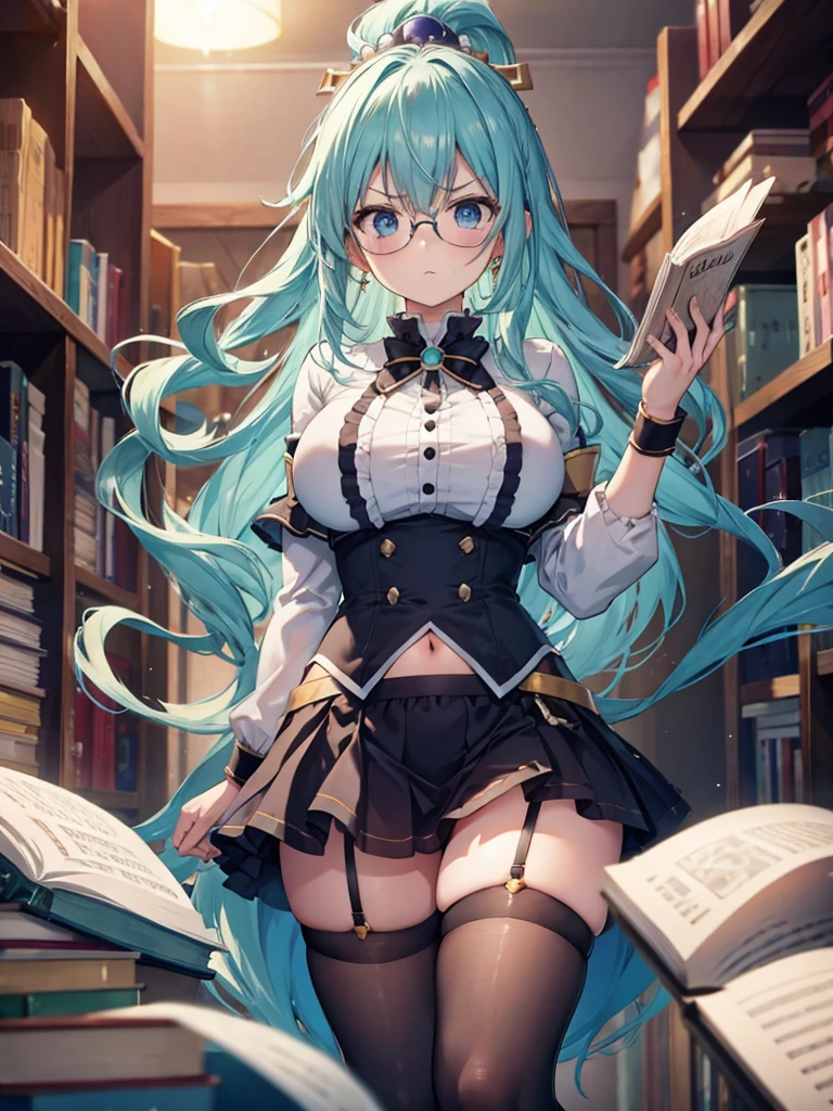 (masterpiece, Best quality: 1.2), solo, 1 girl, Konosuba ,aqua, Angry face, frowned, angry, looks at the viewer, detailed clothing, detailed fabric, Hair rings, glasses, A book in hand, Short black skirt, a white blouse,thigh-high stockings, open navel, open belly,huge breasts, wide hips, teacher&#39;s room, cowboy shot, leaned forward