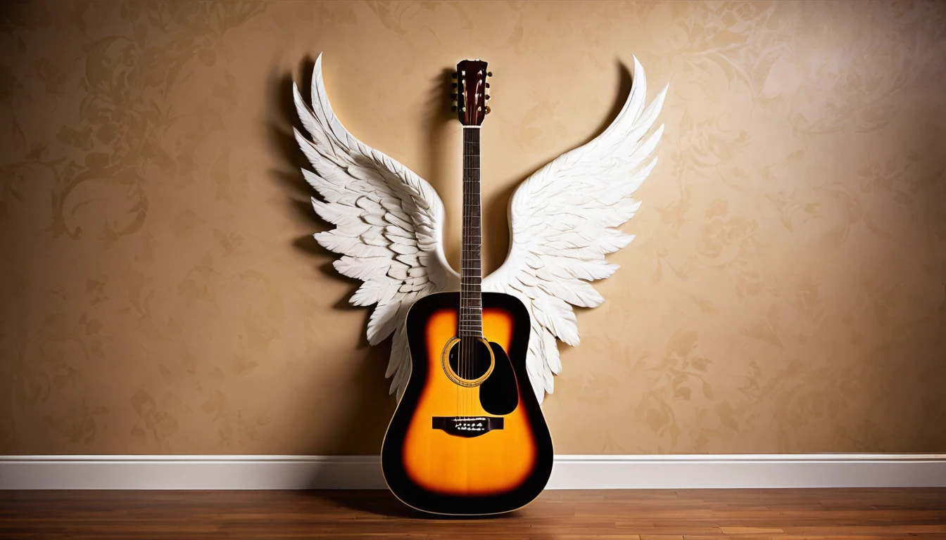 "Create an artistic image of an acoustic guitar hanging on a wall with angel wings attached to it. The scene should have a serene and elegant atmosphere, with soft lighting that highlights the details of the guitar and wings. The wall should have a textured, warm color, adding to the overall artistic feel of the image."
