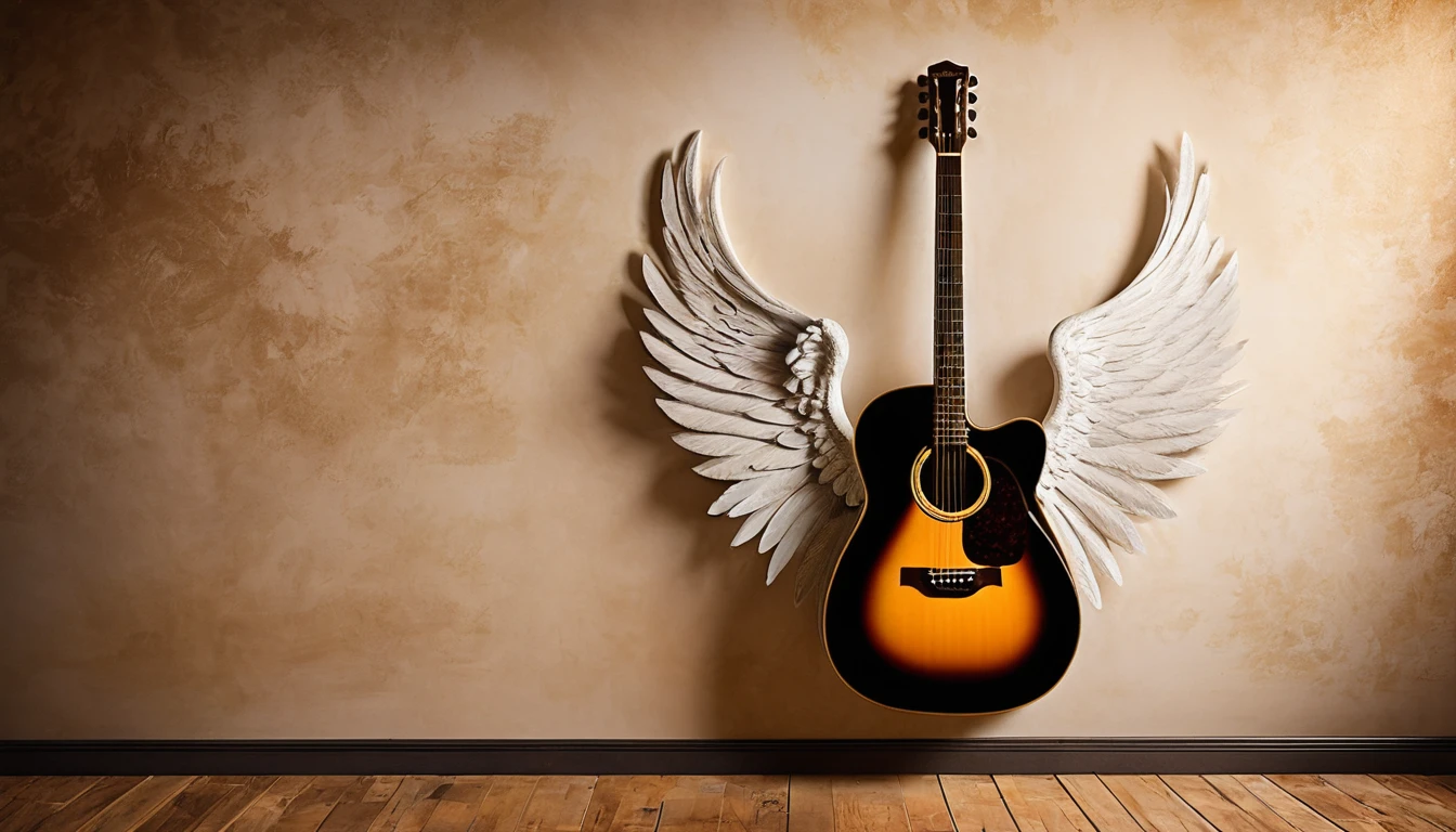 "Create an artistic image of an acoustic guitar hanging on a wall with angel wings attached to it. The scene should have a serene and elegant atmosphere, with soft lighting that highlights the details of the guitar and wings. The wall should have a textured, warm color, adding to the overall artistic feel of the image."