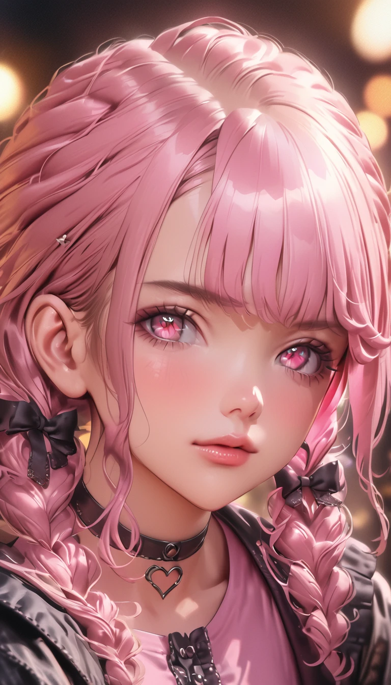 a girl in a black mask, pink shirt, black skirt, black bow, long sleeves, choker, ribbon, looking at viewer, beautiful detailed eyes, beautiful detailed lips, extremely detailed face, longeyelashes, cosplay, jirai kei style, (best quality,4k,8k,highres,masterpiece:1.2),ultra-detailed,(realistic,photorealistic,photo-realistic:1.37),vivid colors,bokeh