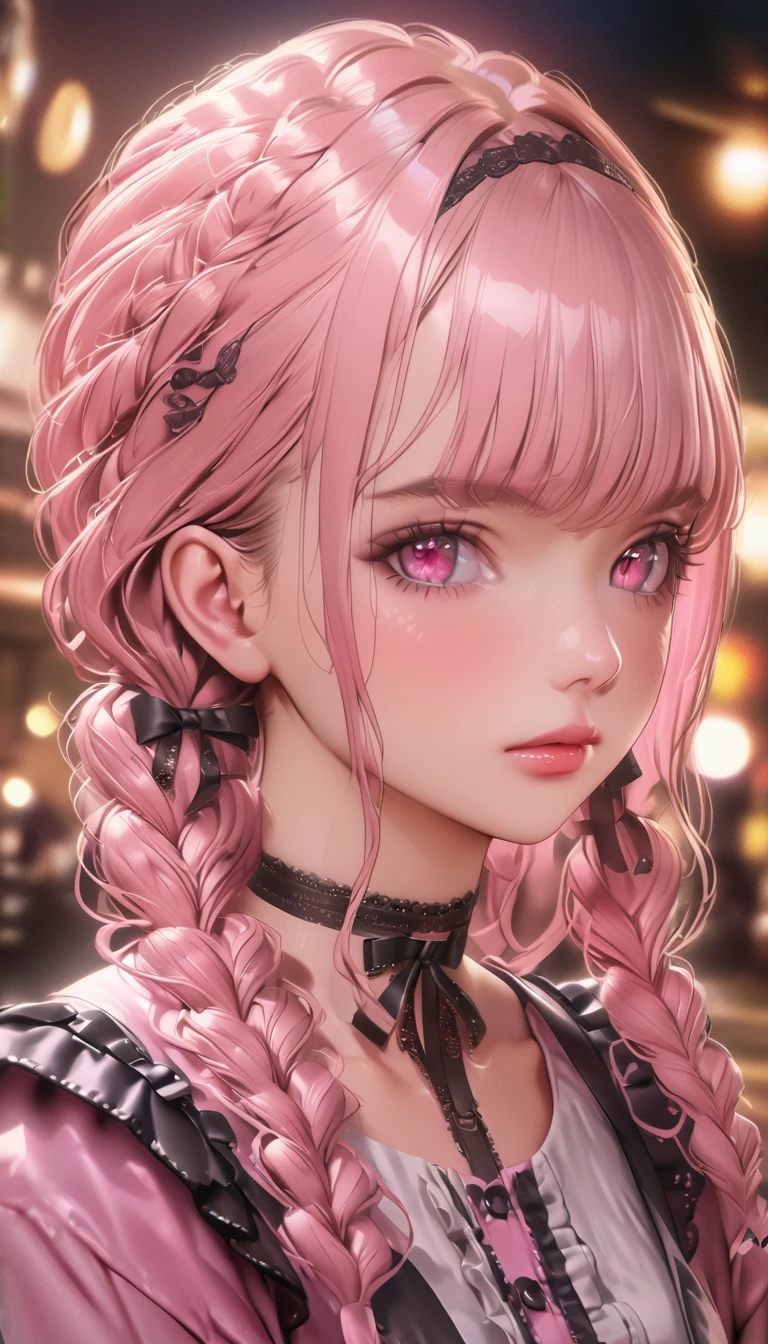 a girl in a black mask, pink shirt, black skirt, black bow, long sleeves, choker, ribbon, looking at viewer, beautiful detailed eyes, beautiful detailed lips, extremely detailed face, longeyelashes, cosplay, jirai kei style, (best quality,4k,8k,highres,masterpiece:1.2),ultra-detailed,(realistic,photorealistic,photo-realistic:1.37),vivid colors,bokeh