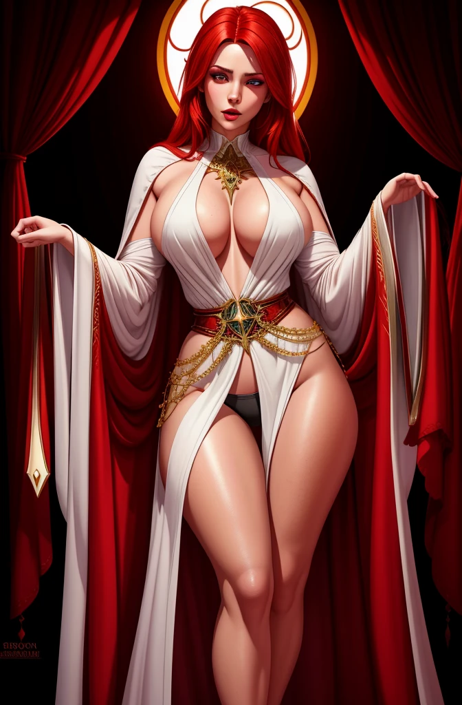 a sorceress with sexy white robe, black panties, red hair, blank background, hyperrealistic, 8k, photo-realistic, highly detailed, cinematic lighting, dramatic composition, intricate details, vibrant colors, dramatic shadows, volumetric lighting, realistic skin textures, high-quality, masterpiece