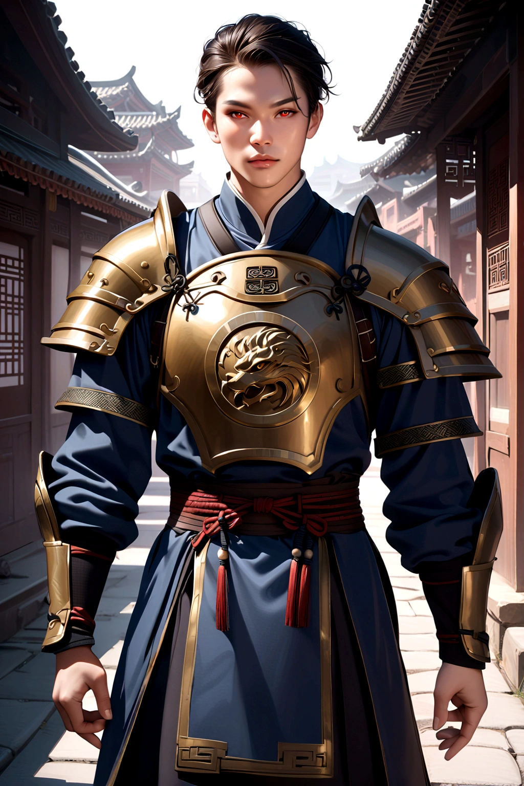 25 year old Chinese man,middle aged man,realistic,chinese_Armor,alone,Background of ancient chinese cities,detailed_eye,shoulder_Armor, (검은 eye),looking at viewer,(masterpiece:1.2), (best quality:1.2), perfect eye, perfect face, perfect lighting, (8K),(complete anatomy), Nee Shot