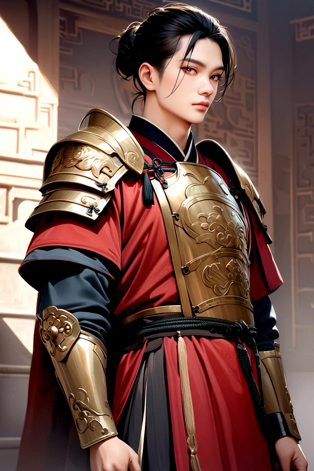 25 year old Chinese man,middle aged man,realistic,chinese_Armor,alone,Background of ancient chinese cities,detailed_eye,shoulder_Armor, (검은 eye),looking at viewer,(masterpiece:1.2), (best quality:1.2), perfect eye, perfect face, perfect lighting, (8K),(complete anatomy), Nee Shot