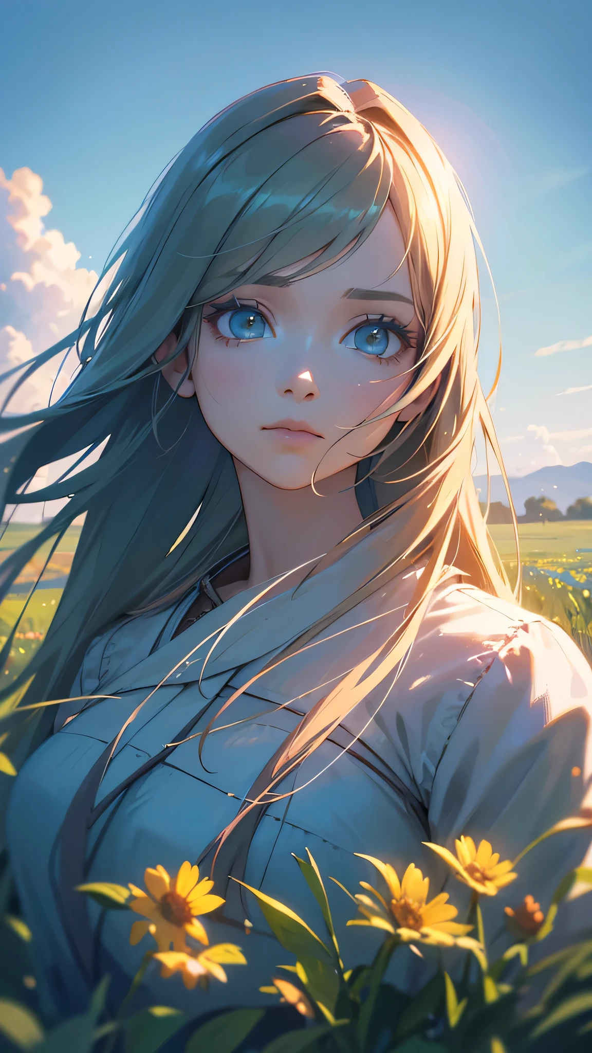 a beautiful girl in a field of flowers, long flowing hair, serene expression, (best quality,4k,8k,highres,masterpiece:1.2),ultra-detailed,(realistic,photorealistic,photo-realistic:1.37),detailed eyes and face, detailed skin texture, flowing dress, outdoors, clear blue sky, wispy clouds, lush green grass, colorful wildflowers, warm lighting, soft depth of field, portraits,fantasy,cinematic,dramatic lighting