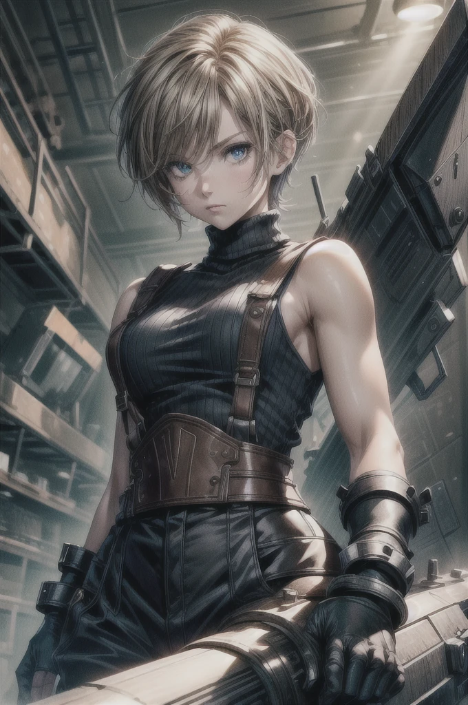 (masterpiece, best quality:1.2), expressive eyes, perfect face, highres, 1 girl, solo, (female:1.5), strife, short hair, shoulder armor, sleeveless turtleneck, suspenders, belt, gloves, bracer, standing, portrait, looking at viewer,