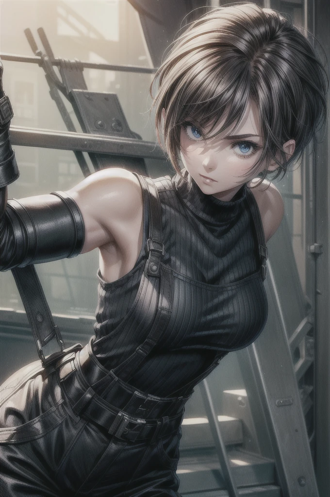 (masterpiece, best quality:1.2), expressive eyes, perfect face, highres, 1 girl, solo, (female:1.5), strife, short hair, shoulder armor, sleeveless turtleneck, suspenders, belt, gloves, bracer, standing, portrait, looking at viewer,