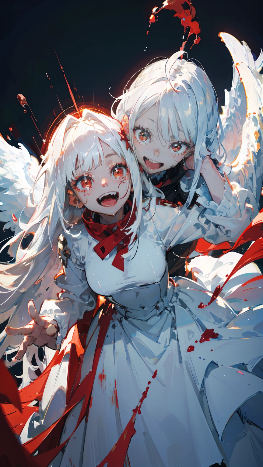 (woman\(A blood-red, dark angel halo is on his head., Angel Girl,Pure white hair,Red eyes, Pure white skin, White costume,The girl is laughing wildly with her mouth wide open,Eyes with dilated pupils,A dark red liquid drips from its mouth and eyes.,Crazy smile,Monster,Monster mouth,\) pure white world、Looking up at me, (I&#39;m in the beautiful outdoors, Monster tentacles,Horror, mysterious,Blood Monster (Spooky background),quality\(8K,非常に精細なCGユニットのwallpaper, masterpiece,High resolution,top-quality,top-quality real texture skin,Surreal,Increase the resolution,RAW Photos,最高quality,Very detailed,wallpaper,Cinema Lighting,Ray-tracing,Golden Ratio\),Long Shot,Overall, it looks ephemeral.,The depiction range is from the waist up,qualityの高い顔の描写,High-resolution facial depiction,ephemeral,Low saturation,Little Girl,1 person