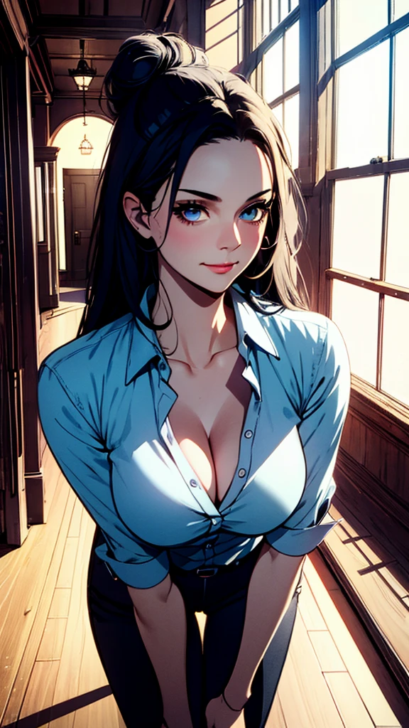 masterpiece, ((ultra detailed background, delicate pattern, intricate detail)), (highly detailed, fine details), best quality, beautiful lighting,((medium breasts, slim girl)), (white shirt, formal shirt, black pants, formal clothing), hair in a bun, NicoRobinV2, 1girl, black hair, long hair, solo, smile, blue eyes, closed mouth, hair slicked back, (complex detailed background, inside, hallway environment, classy interior, window, daytime), (portrait),film movie still、1girl in、on knees、years、pale-skinned、innocent smiles、white fishnet stockings、((A detailed face))、(Detailed skin)、Moist with intricate details、Shallow depth of field、[volume fog]、light、Reflectors、a Canon EOS R5、50MM lens、f / 2.8、nffsw、shot at 8k resolution, on bedroom floor, sexy,short detailed hair，cleavage，Close-up