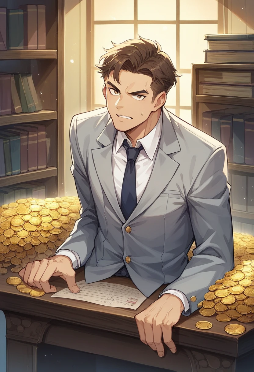 Elegant man, wearing a suit and a tie, seated at a desk, in a confident and professional pose, image background, there are shelves or shelves full of boxes, The boxes are varied and appear to contain valuable treasures, gold", "Old coins", "Gemas Raras", ""visual style"" that matches the theme of treasures and wealth, perhaps with colors that enhance the shine of precious metals