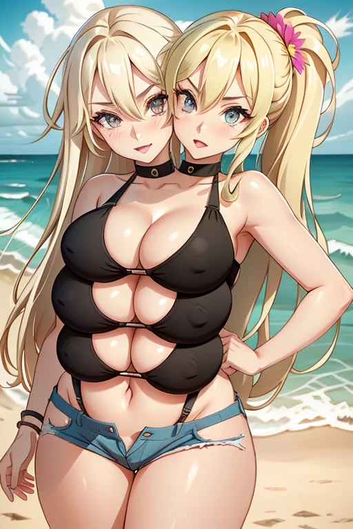 2heads, a tall chubby woman with 2 heads. She has four breasts. She is outside at the beach. She is wearing a flower bikini top and jean shorts. She has long blonde hair in a ponytail. She has four breasts. She is relaxed. She looks mature. She is extremely tall. She looks happy, seductive expression. She has two legs with thick thighs. She is wearing eyeliner.