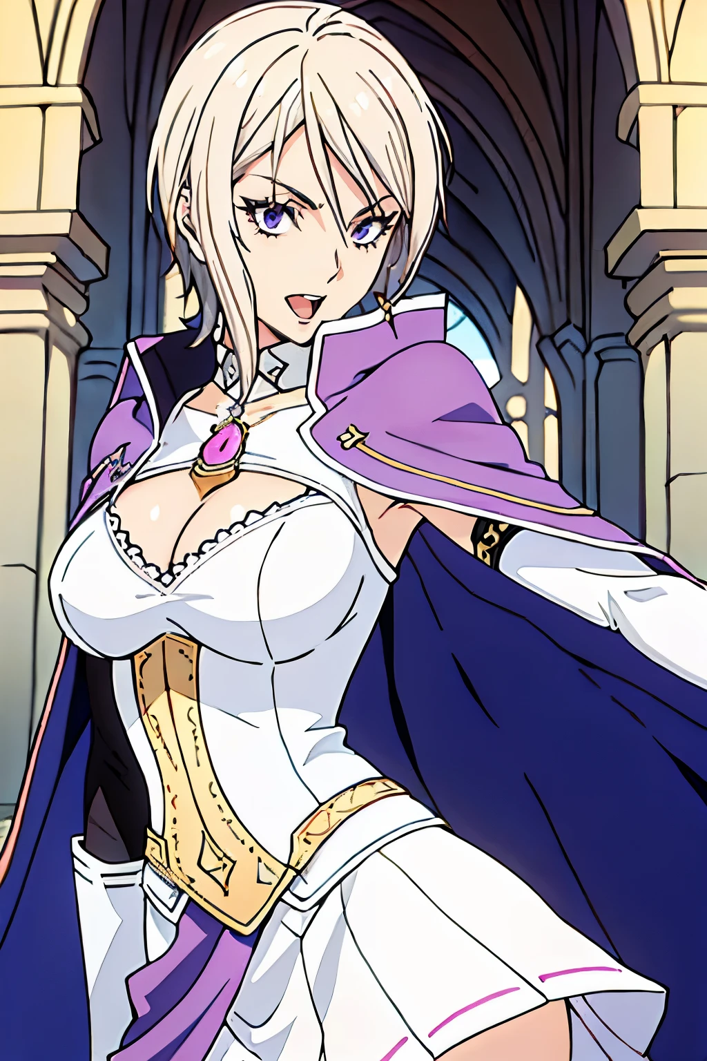 masterpiece, Highest quality, One adult woman,Very detailed,Rin々Nice face,Open Mouth Smile,White, pink, and purple adventurer uniform,Medieval Europe,Show your armpits,Black eyes,The dignity of a hero,tattoo,Cape,Legs visible through the skirt,Natural Beauty,Cinematic,Medium cleavage,Wearing a lot of jewels,