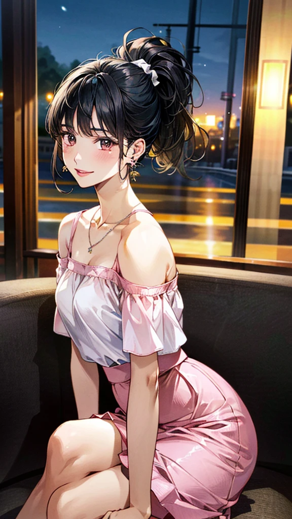 (masterpiece:1.3, Highest quality, Ultra-high resolution, Super detailed), (Realistic, photoRealistic:1.4), Beautiful illustrations, Perfect lighting, colorful, Depth of written boundary, 
Beautiful detailed hair, Beautifully detailed face, Beautiful fine details, Beautiful clavicle, Beautiful body, 美しいLarge Breasts, Beautiful thighs, Beautiful feet, Beautiful fingers, 
View Viewer、Front view:0.6, Beauty1人, Japanese, Beauty、30 years old, Perfect Face, (Perfect Anatomy, Anatomically correct), Cute and symmetrical face, Baby Face, , Shiny skin, 
(Pink cold shoulder blouse:1.4),((Long skirt:1.5)), (pumps:1.2)
(Black Hair, ponytail:1.4),  braided bangs、Dark brown eyes, (Large Breasts), Slim body, 
necklace, (Small earrings:1.3), 
(Beautiful views), (night), (Cafe), sofa、 ( Crossing your legs), A soft smile、(Smile, Lips parted), 