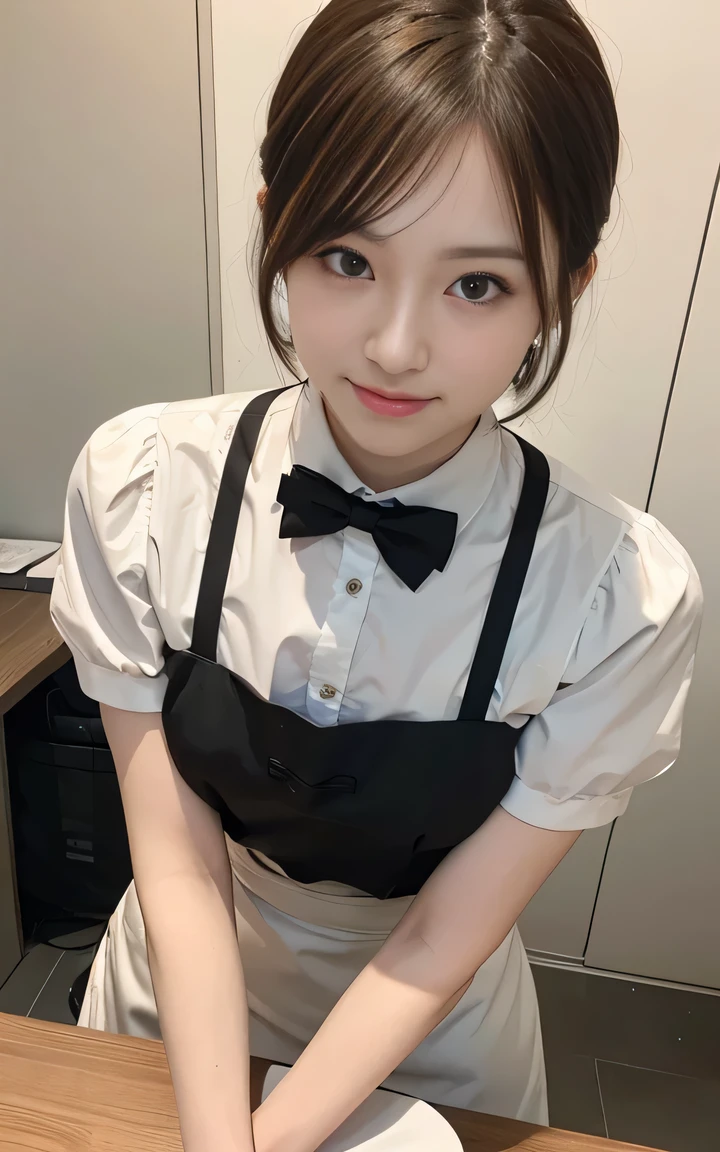 cute 21 year old japanese、apron, black bow tie、Waiter、Cafe、super detail face、pay attention to details、double eyelid、beautiful thin nose、sharp focus:1.2、Beautiful woman:1.4、(light brown hair,short hair、),pure white skin、highest quality、masterpiece、ultra high resolution、(Photoreal:1.4)、Highly detailed and professional lighting、nice smile、Please show me your whole body、