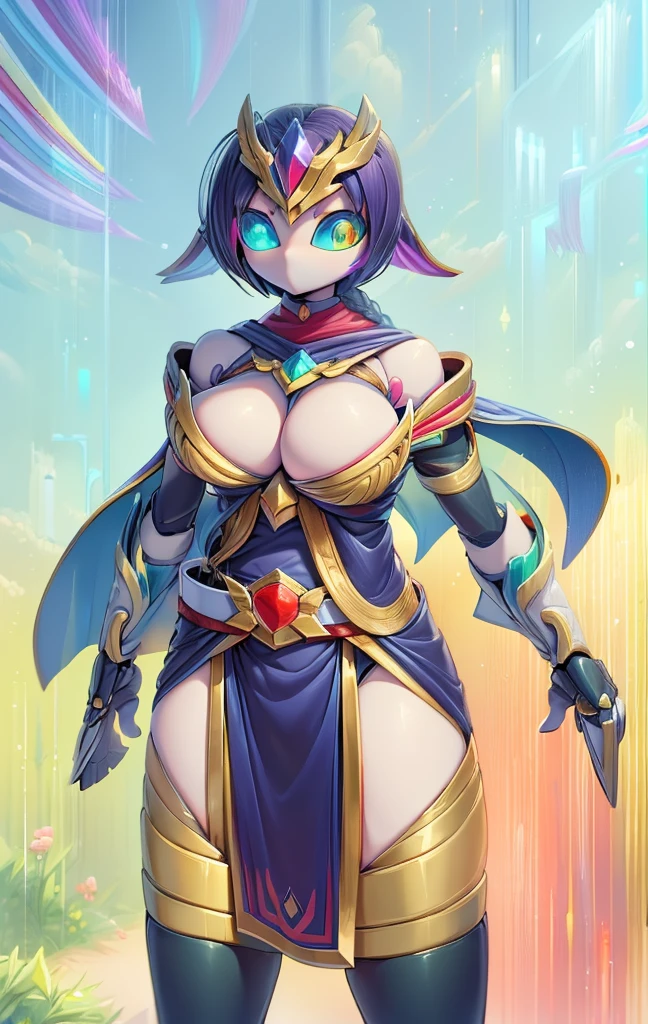 quality\(8K,Extremely detailed CG unit wallpaper, masterpiece,high resolution,top-quality,top-quality real texture skin,Surrealism,提high resolution,RAW photos,Best quality,Very detailed,,light,Ray Tracing,Golden Ratio\),Mechanical Girl,Doll girl,Glowing eyes,Doll eyes,matriarchal,braid,垂在胸侧的braid,mature body,Mature system,cloak,小cloak,小cloak,bandeau outfit,Off-shoulder dress,Strapless dress style,cute,gentle,gentle,kindliness,Slender figure,Close-up above the waist,Big breasts,Big Tits,belt,机械belt,Tights,Tights,宝石belt,宝石belt,White skin,White underwear,袍子front swing,front swing,Gradient over-the-knee socks,Nude Apron,Rainbow gradient color,Gradient color arm guard,Rainbow gradient sleeves