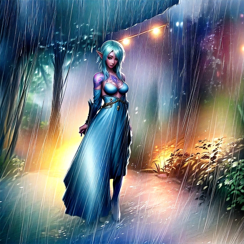 A blue haired female elf with tattoos and piercings standing in the rain, Fantasy, fantasy character portrait in the style of concept art., fantasy concept art created in the style of unreal engine., standing in the rain and mist of an ancient forest. She has dark tattoos on her arms and chest. The scene is in the style of concept art., wearing fantasy tribal