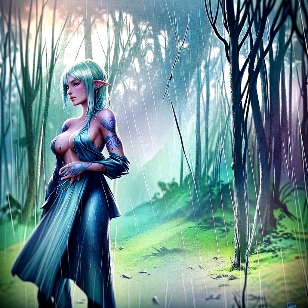 A blue haired female elf with tattoos and piercings standing in the rain, Fantasy, fantasy character portrait in the style of concept art., fantasy concept art created in the style of unreal engine., standing in the rain and mist of an ancient forest. She has dark tattoos on her arms and chest. The scene is in the style of concept art., wearing fantasy tribal