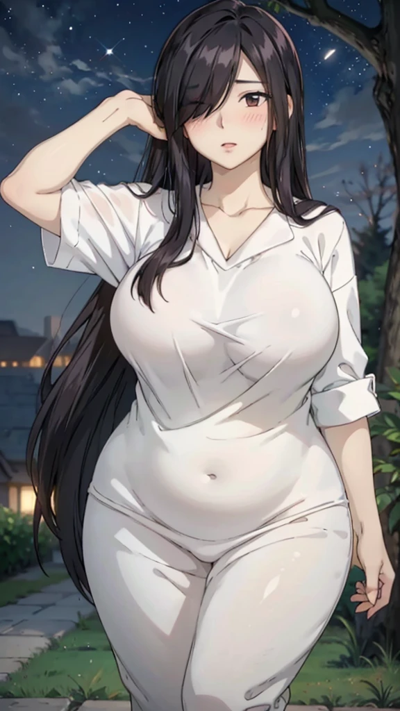 Cute mommy, mature women, realistic skin,perfect ,black hair, long hair, (hair over one eye:1.4), messy hair, hair between eyes, pajama, chubby,plump,fat,pucker lips,cute shy blush on, under tree,night