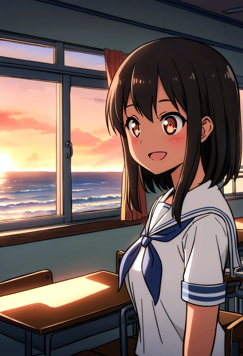 Highest quality、high resolution、Detailed Description、Detailed Background、Accurate depiction、Kantai Collection、animeスタイル、anime、Four Girls、More than one person、元気なFour Girls、Dark Skin、Sailor suit、School、classroom、Chat、chatting、Black Short Hair、Big eyes、cute、Sunset、The window overlooks the harbor and the sea.