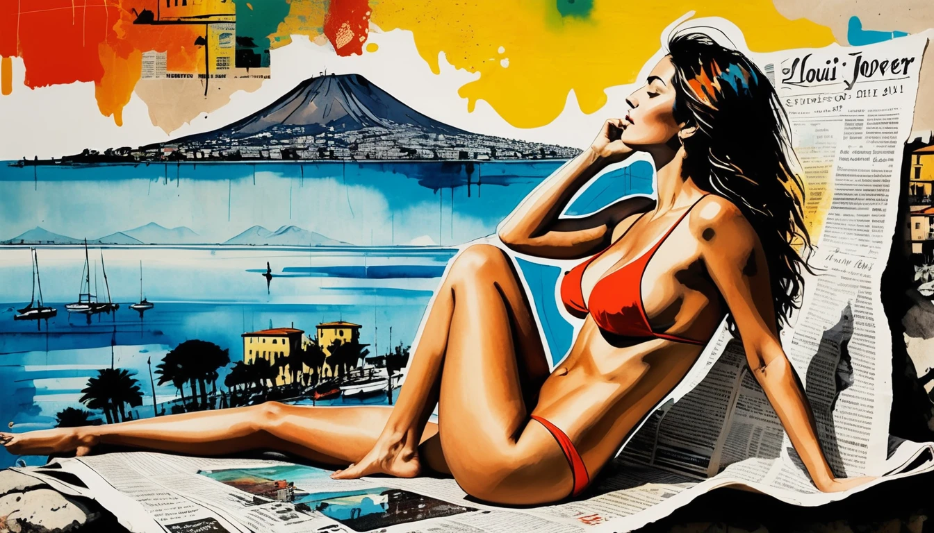 (ink on newspaper in the style of Loui Jover:1.5), NAPLES LANDSCAPE, VESUVIO, SEA, bikini woman sex, Envision an art movement inner thoughts and emotions as vibrant, shifting patterns of color and light