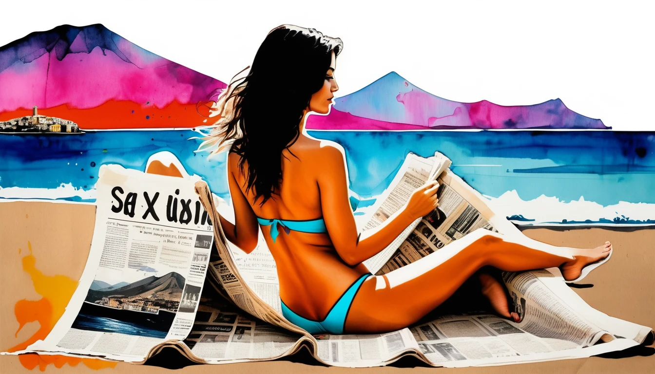 (ink on newspaper in the style of Loui Jover:1.5), NAPLES LANDSCAPE, VESUVIO, SEA, bikini woman sex, Envision an art movement inner thoughts and emotions as vibrant, shifting patterns of color and light
