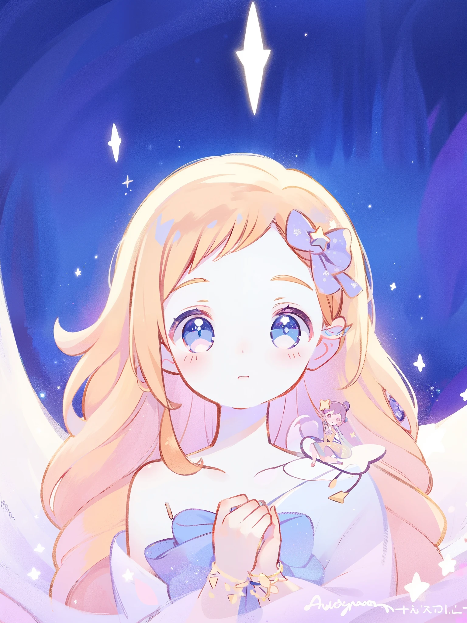 complex background, wishing star background, magical girl wearing an ethereal mystical pink translucent dress that reflects the stars, close up, sparkling detailed eyes, golden ratio face, perfect composition, perfume promo art, mystic, complex drawing, highly detailed, Covergirl brand, promo art, artistic rendition, ethereal, starry night, midjourney style