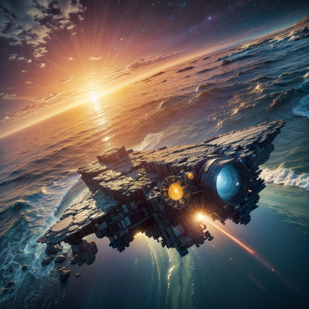 wide-angle panoramic image of a spacecraft landing on the ocean coast of a distant planet, detailed kinematics, swirly vibrant colors, exotic plants