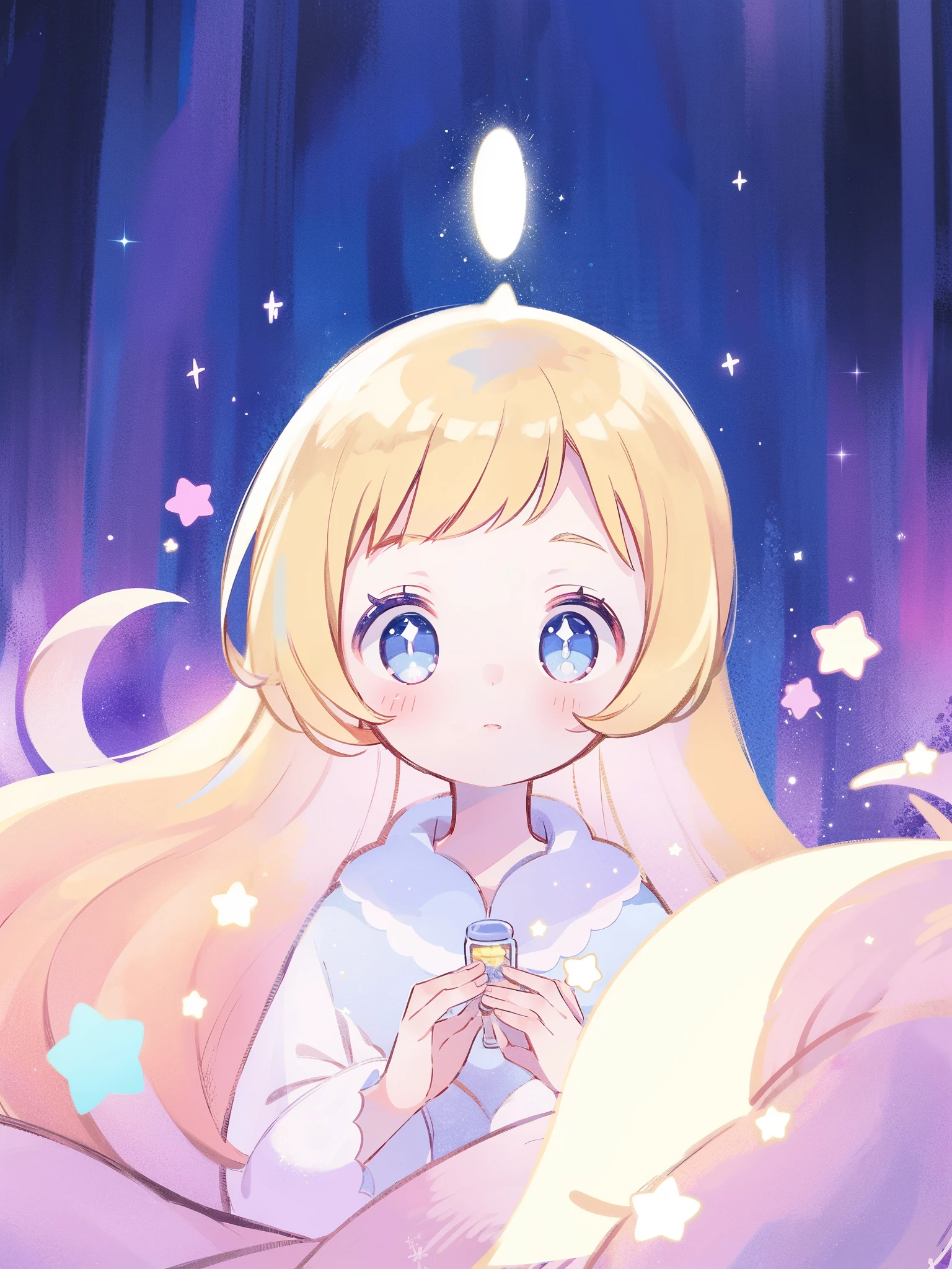 complex background, wishing star background, magical girl wearing an ethereal mystical pink translucent dress that reflects the stars, close up, sparkling detailed eyes, golden ratio face, perfect composition, perfume promo art, mystic, complex drawing, highly detailed, Covergirl brand, promo art, artistic rendition, ethereal, starry night, midjourney style