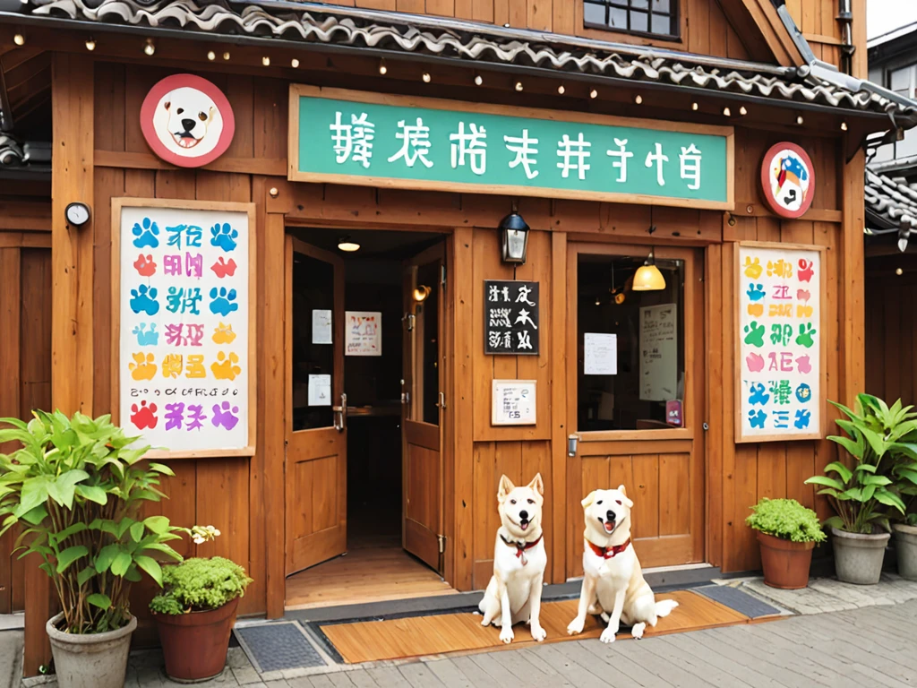 Therapy Dog Cafe「Wonderful Wonder」Appearance。In a warm wooden building、Colorful signs are posted。At the entrance、Dogs welcome visitors