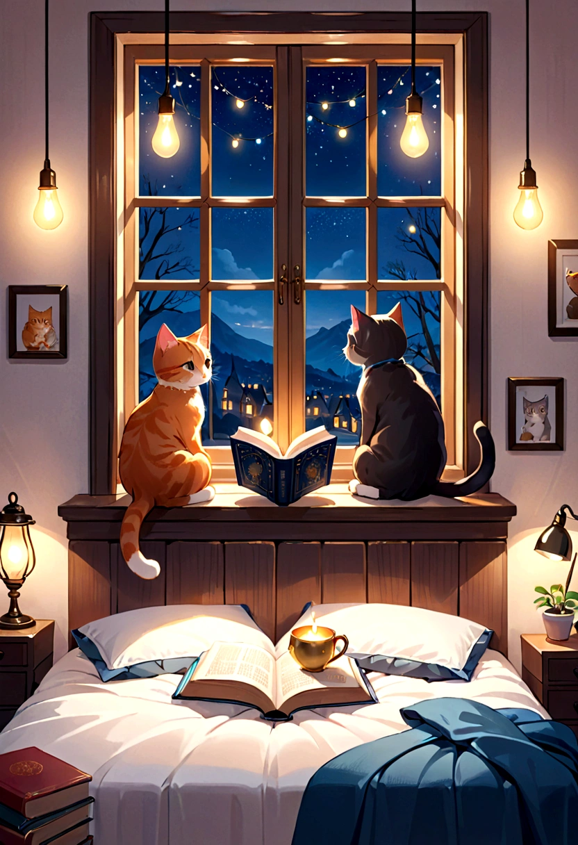 There are two cats sitting on the bed and reading a book., Cute digital art, cozy wallpaper, Adorable digital painting, Cute picture book illustrations, Cute and detailed digital art, cute cat, Cozy environment, Cute artwork, Cute and adorable, Beautiful lighting, Cozy place, Cozy atmosphere, adorable and cute, Cute kitten, Storybook illustrations, Cute 3D rendering, Beautiful and cute,string lights on the wall, window, cozy and comforting atmosphere, nighttime, wonder, pixiv