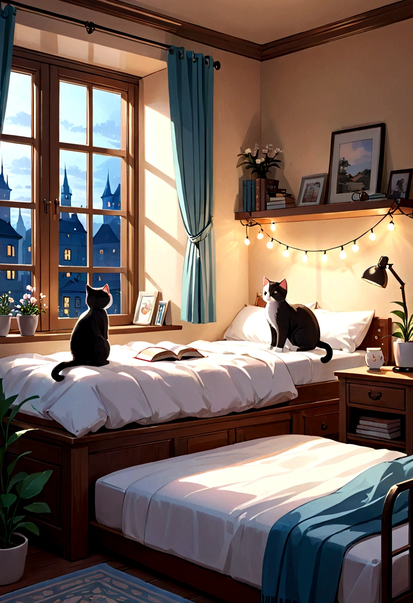 There are two cats sitting on the bed and reading a book., Cute digital art, cozy wallpaper, Adorable digital painting, Cute picture book illustrations, Cute and detailed digital art, cute cat, Cozy environment, Cute artwork, Cute and adorable, Beautiful lighting, Cozy place, Cozy atmosphere, adorable and cute, Cute kitten, Storybook illustrations, Cute 3D rendering, Beautiful and cute,string lights on the wall, window, cozy and comforting atmosphere, nighttime, wonder, pixiv