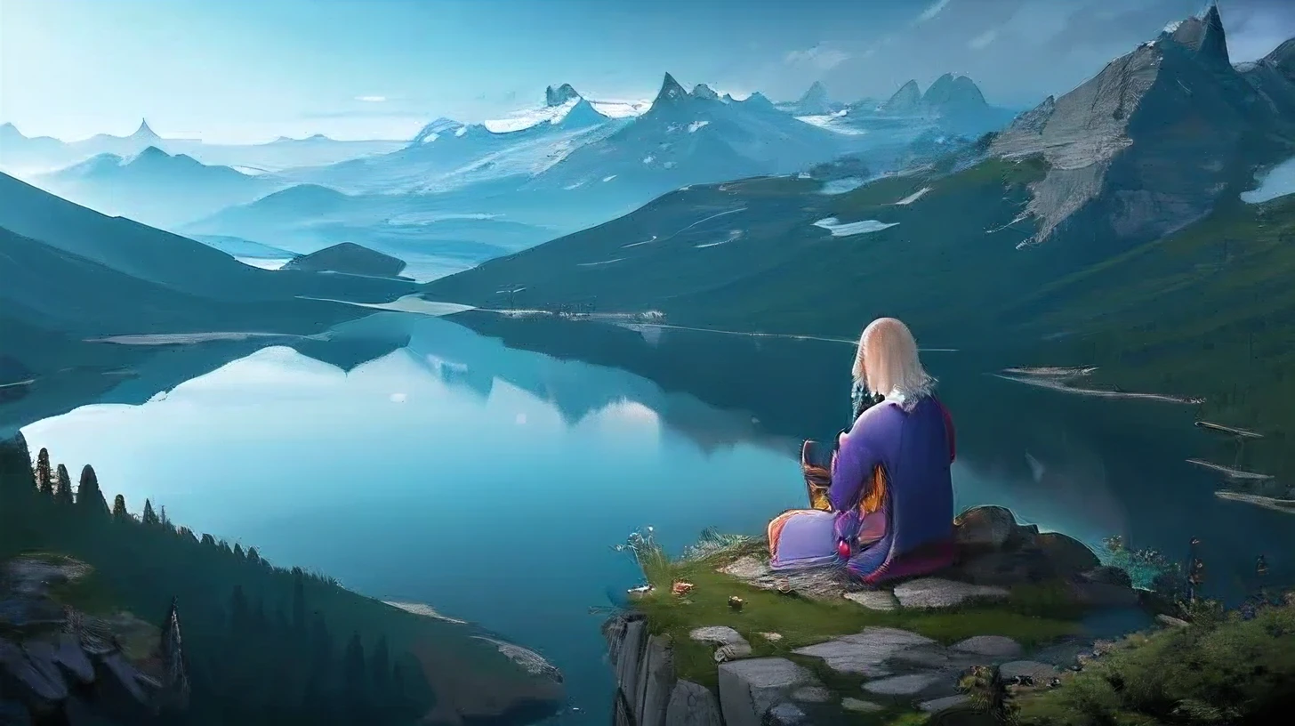 meditation. Dreamscape. Lakes amid mountains. Fantastic world. A person meditating in the distance. Kinematic lighting.