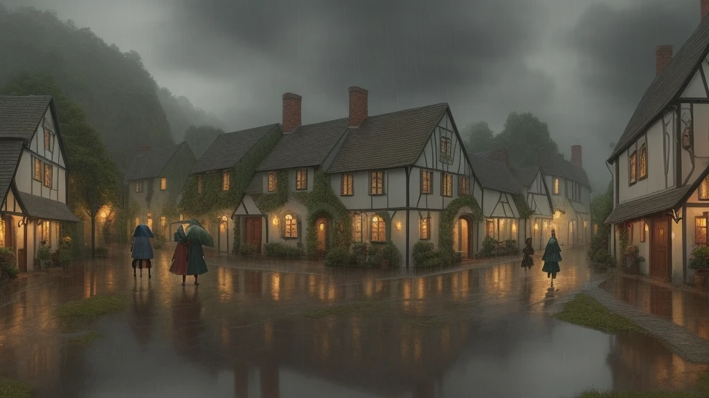 Describe a rainy day in a small, quaint village. Focus on the atmosphere, the villagers' lives, and the presence of an elf-eared woman seeking shelter from the rain.