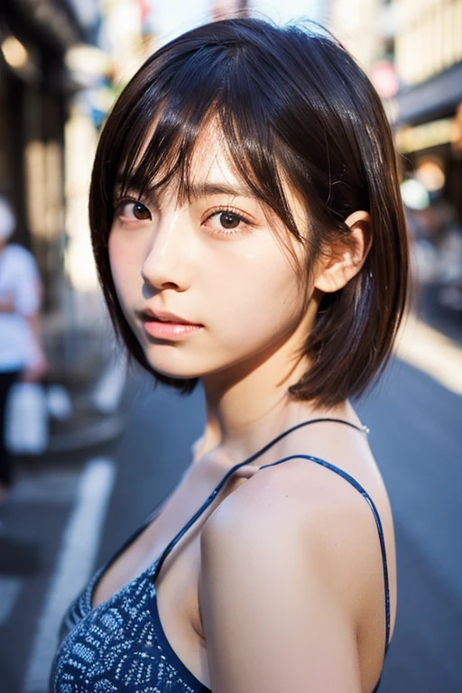 Analog Style, RAWphotograph, photograph, Hyperrealistic, amateur photo shot , Aesthetic artwork, ((Magazine Cover、Large text)), On the city streets, Detailed skin, detailed natural raw light, Very detailedな, Cinematic, highest quality, Super detailed, Very detailed, grain, noise, Heading, stylish, font, Memorable、A boyish and healthy beautiful girl,((Flowing sweat)) Beautiful Eyes, Realistic eyes, Beautiful details in the eyes, (Realistic Skin),Japanese Idols、short hair、High school girl、チョーカー、(((