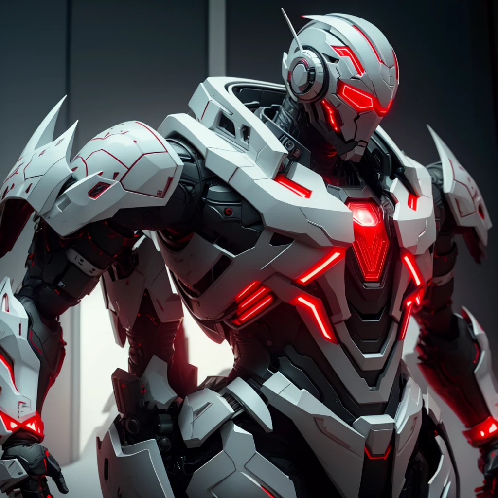 Dronificated unknown man in a fully enclosed white latex fullbody heavy armor with red lights across the suit and star shaped glowing core in the chest, fully enclosed cyber helmet that cover his whole face and hides his identity with a red screen that has a white star, muscular, strong, in a storage, no face, no hair, no mouth, no eyes, (perfect anatomy)