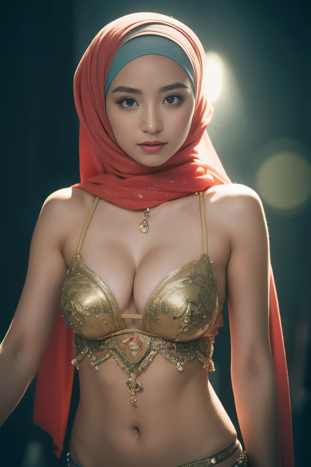 (best quality, highres), (portrait:1.2), (vivid colors:1.1), (studio lighting), (ultra-detailed), (realistic:1.37), (Arabian:1.1), (hijab:1.1), (model woman), (stage), (big breast:1.3), (belly dancer), (solo), (smile), (cleavage)