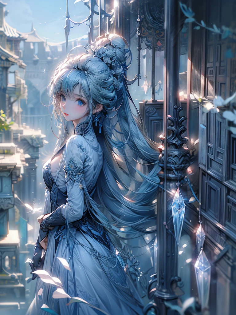 One beautiful woman、Long Field Angle、Highest quality、Super detailed、masterpiece、Transparent light blue hair、Crystal-like hair、Blue eyes that shine like jewels、Flowing hair、Sky、Standing on a steep cliff、Above the Clouds、Spectacular views、mysterious