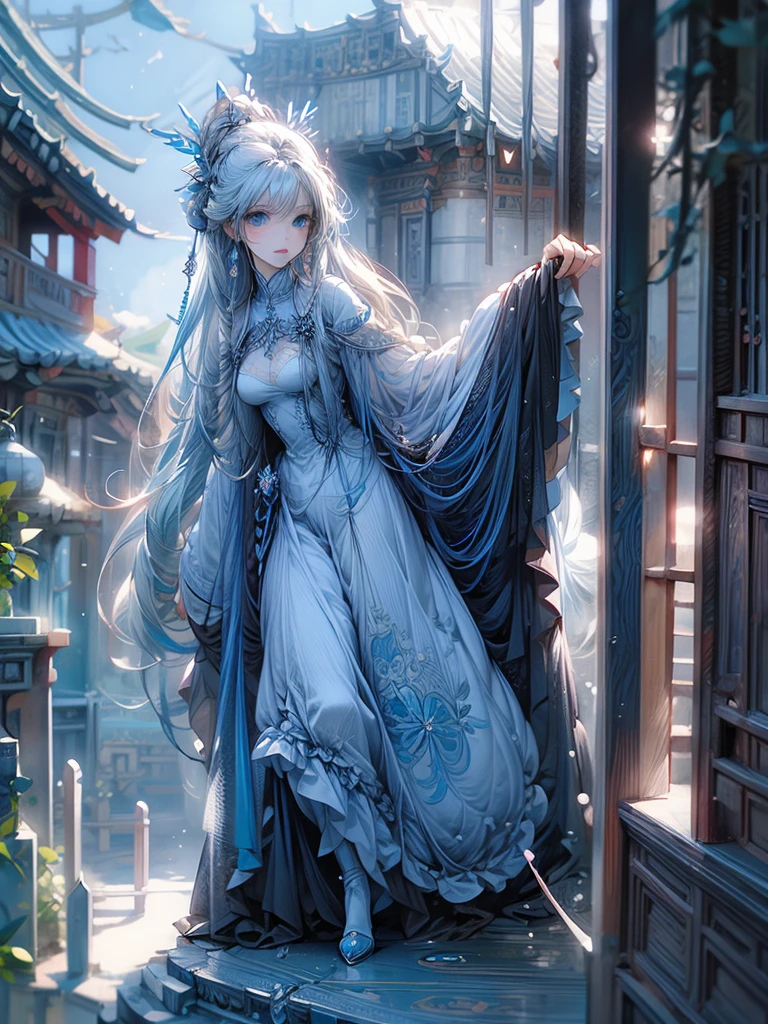 One beautiful woman、Long Field Angle、Highest quality、Super detailed、masterpiece、Transparent light blue hair、Crystal-like hair、Blue eyes that shine like jewels、Flowing hair、Sky、Standing on a steep cliff、Above the Clouds、Spectacular views、mysterious